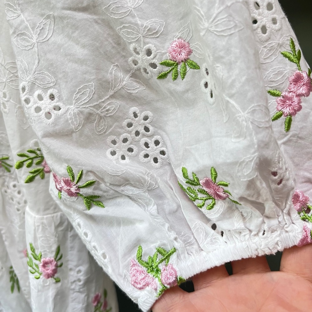 Olivaceous White Eyelet Floral Embroidered Tie Front Babydoll Mini Dress S - Picture 2 of 7